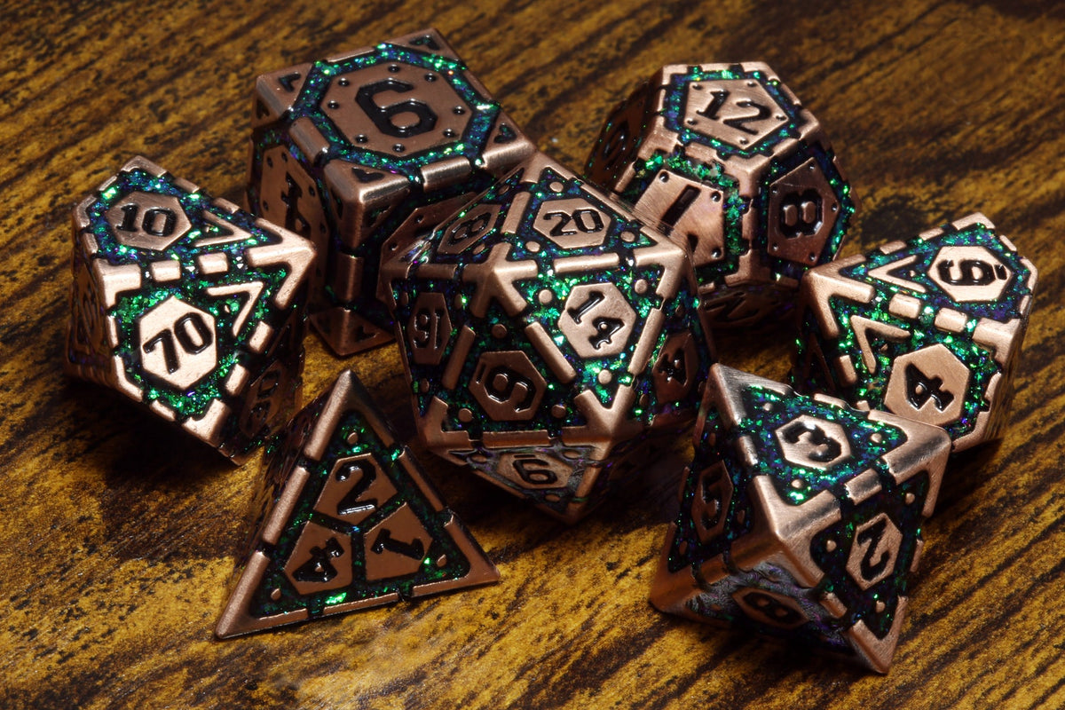 DND Dice | Metal dice set with green mica and an antique copper