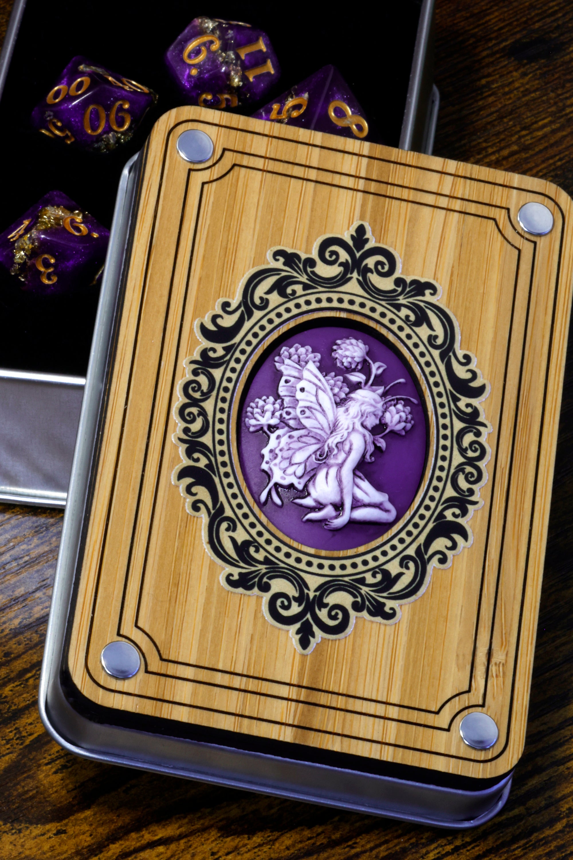 Fairy Dice Box and Gilded Amethyst Dice Set