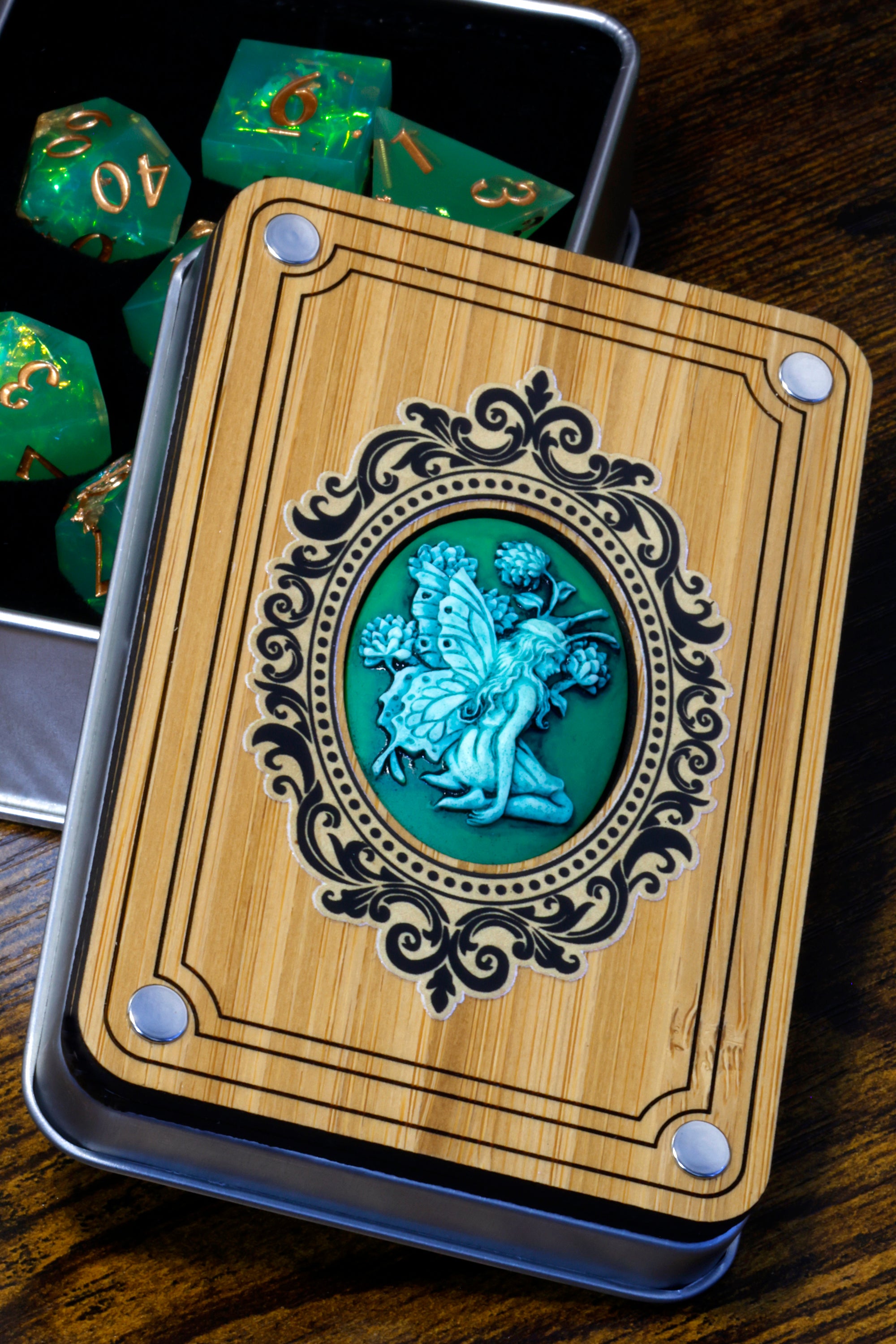 Green Faerie box with Elven Moon Vow Dice Set