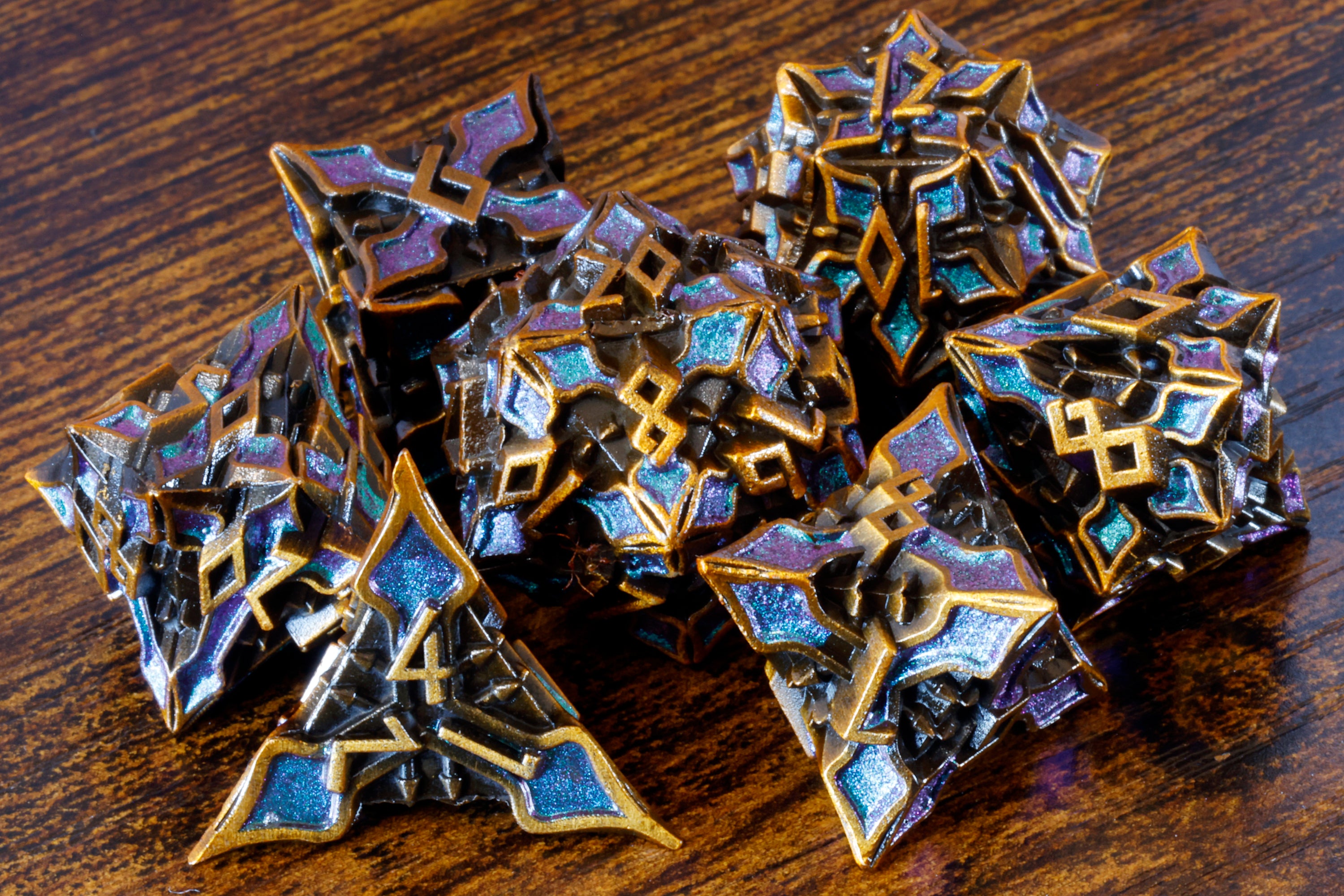 Runecraft Dice Set - Purple green shifting mica - Antique Gold Metal