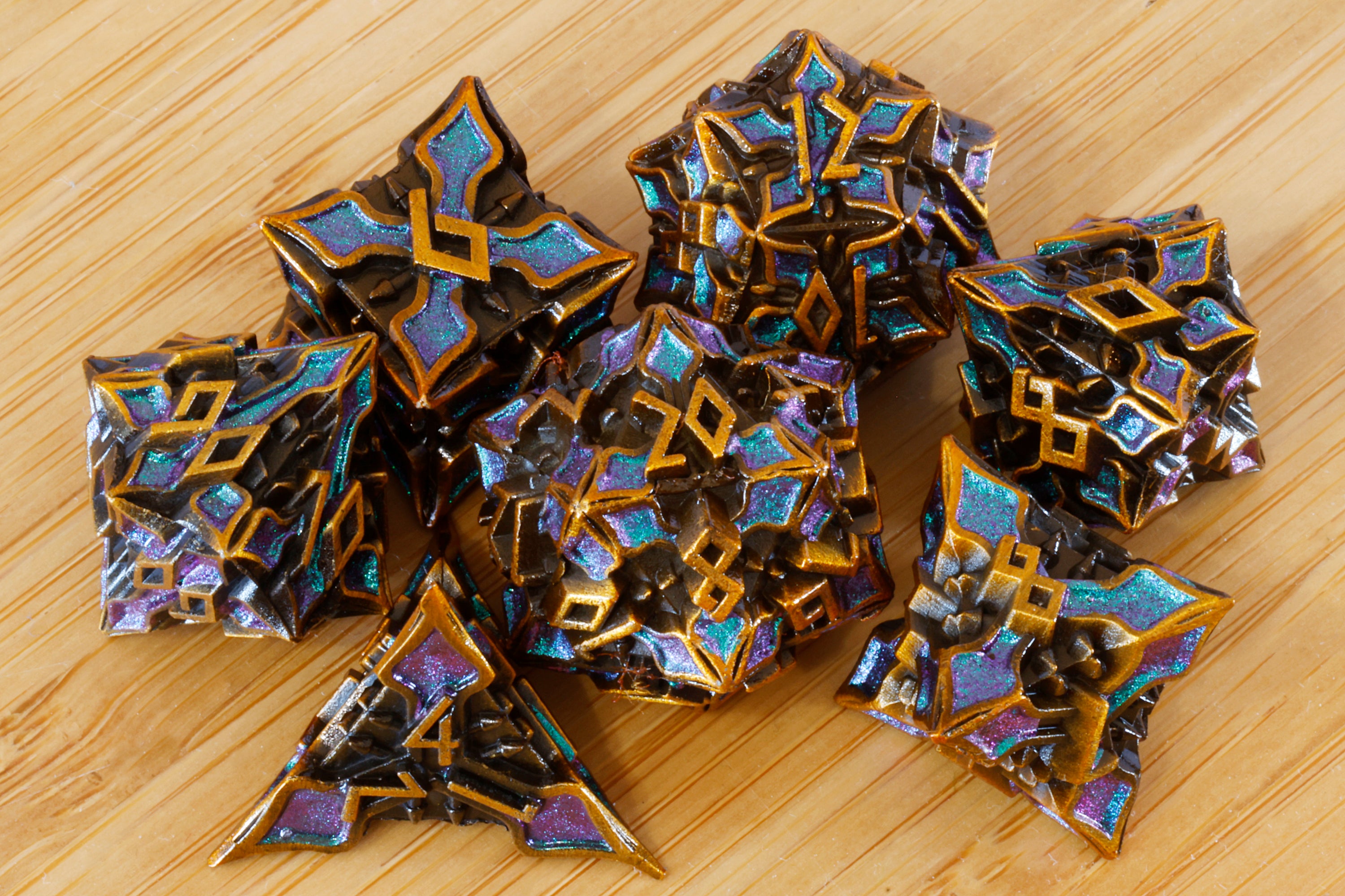 Runecraft Dice Set - Purple green shifting mica - Antique Gold Metal