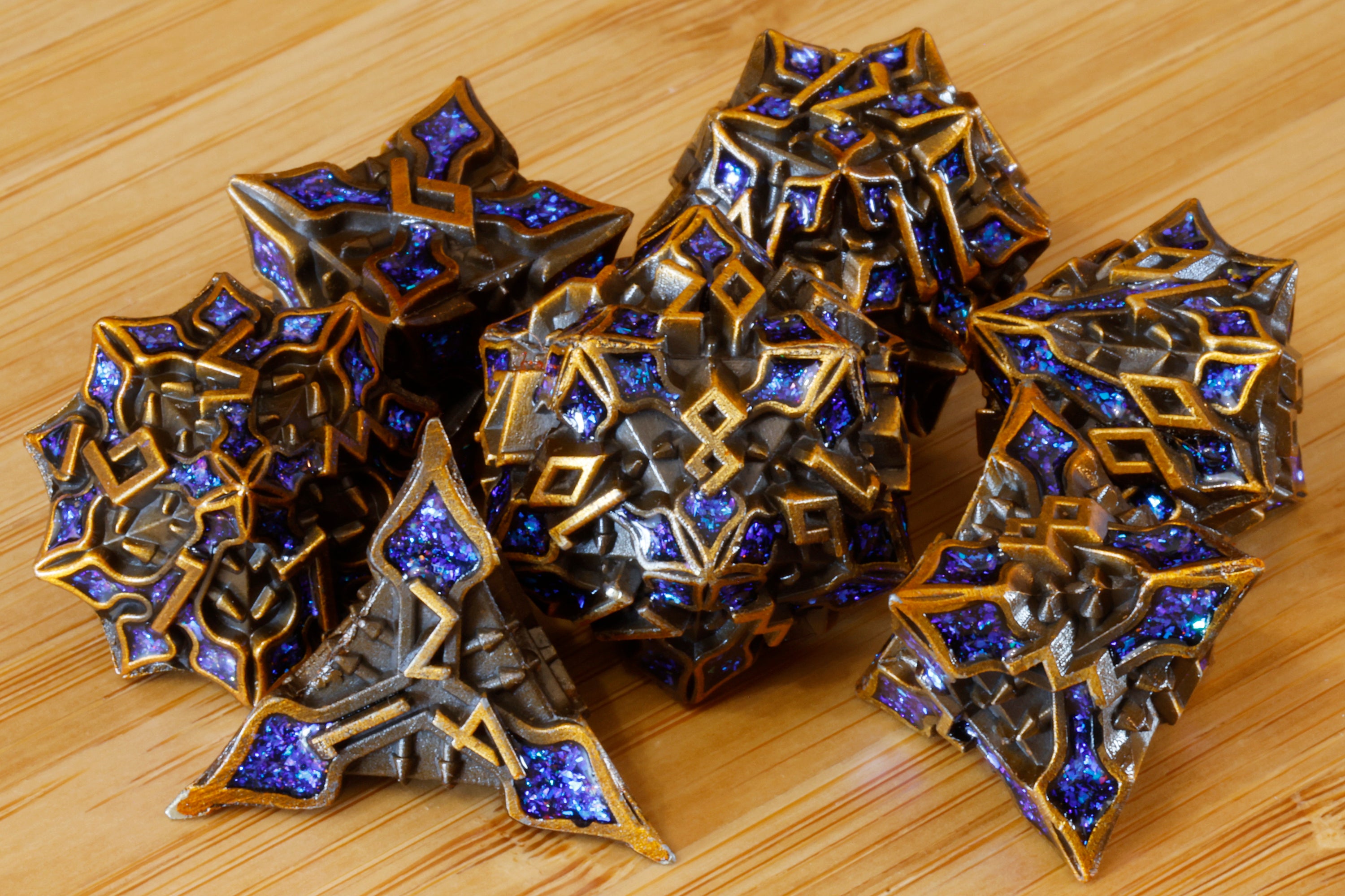 Runecraft Dice Set - Blue mica - Antique Gold Metal