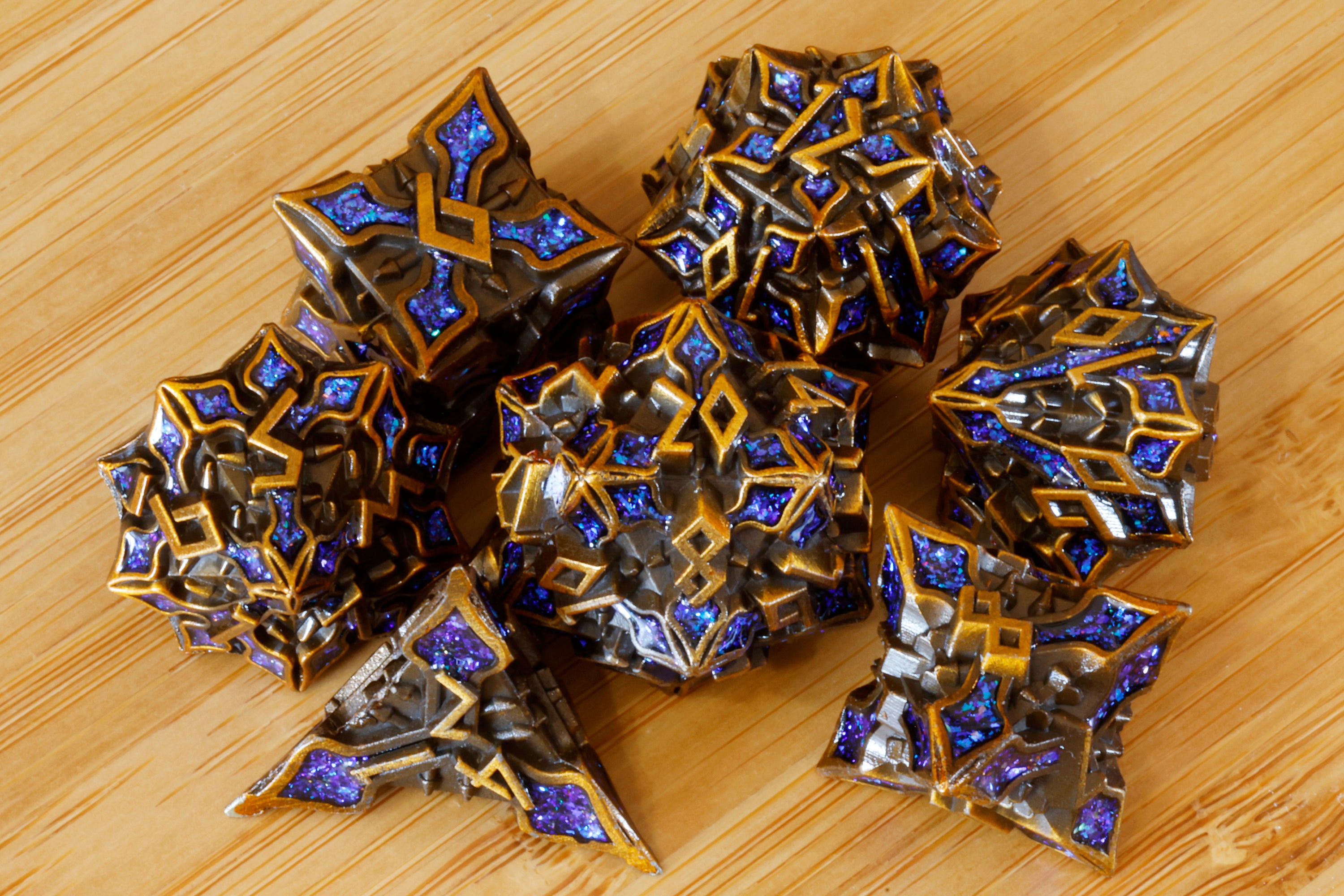 Runecraft Dice Set - Blue mica - Antique Gold Metal