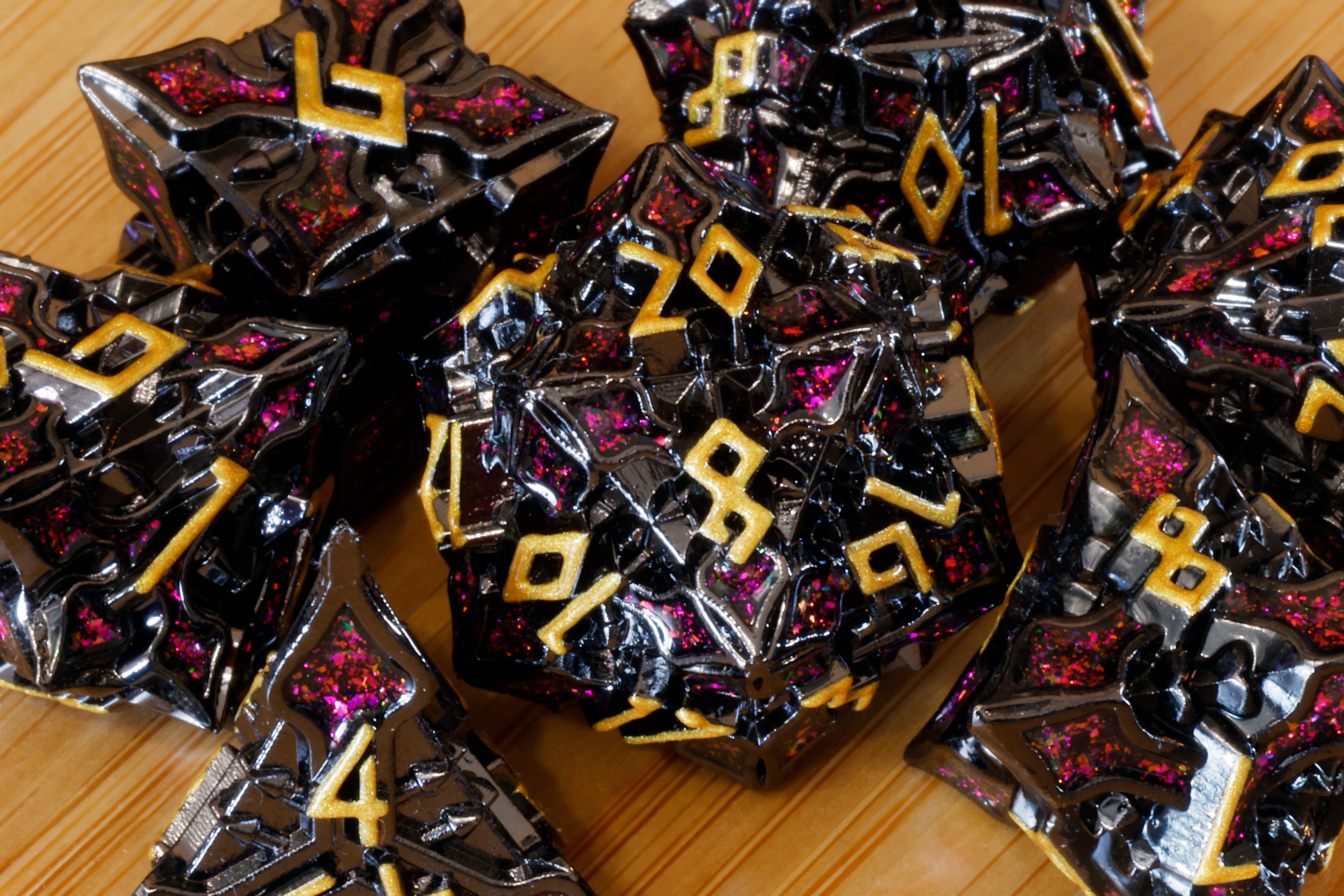 Runecraft dice set - Red mica and gold font - Black Metal