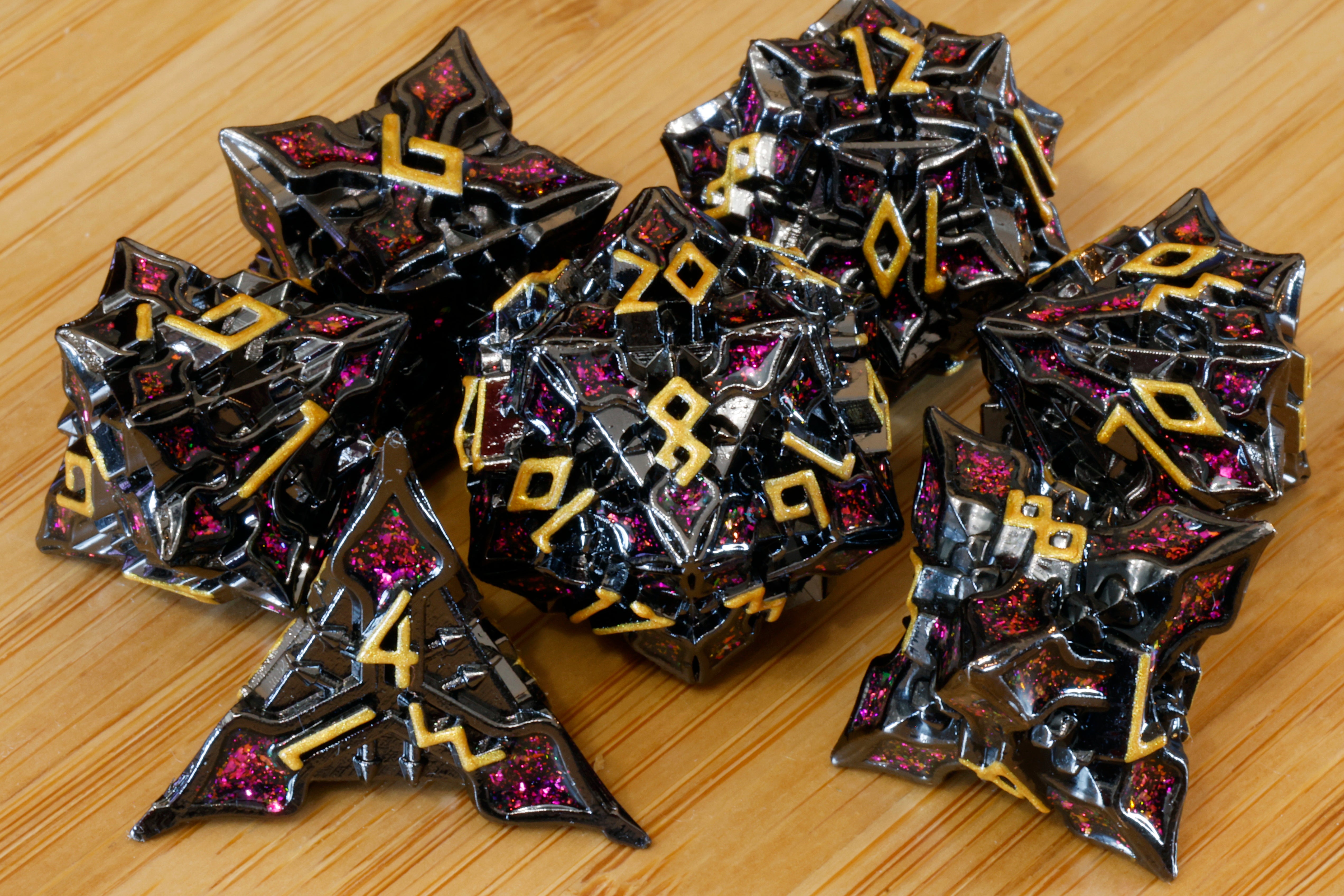 Runecraft dice set - Red mica and gold font - Black Metal