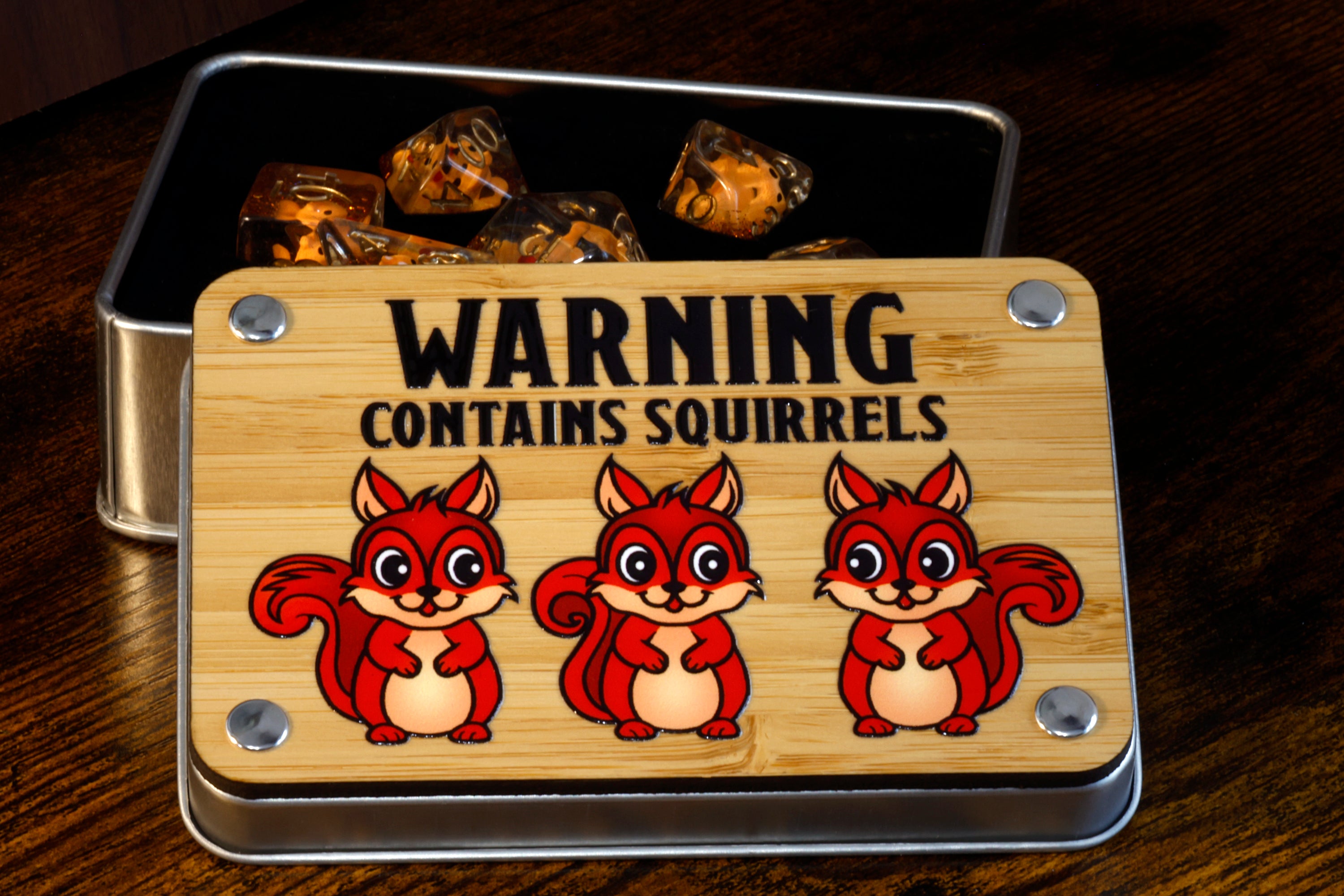 a tin with a sign that says warning contains squirrels