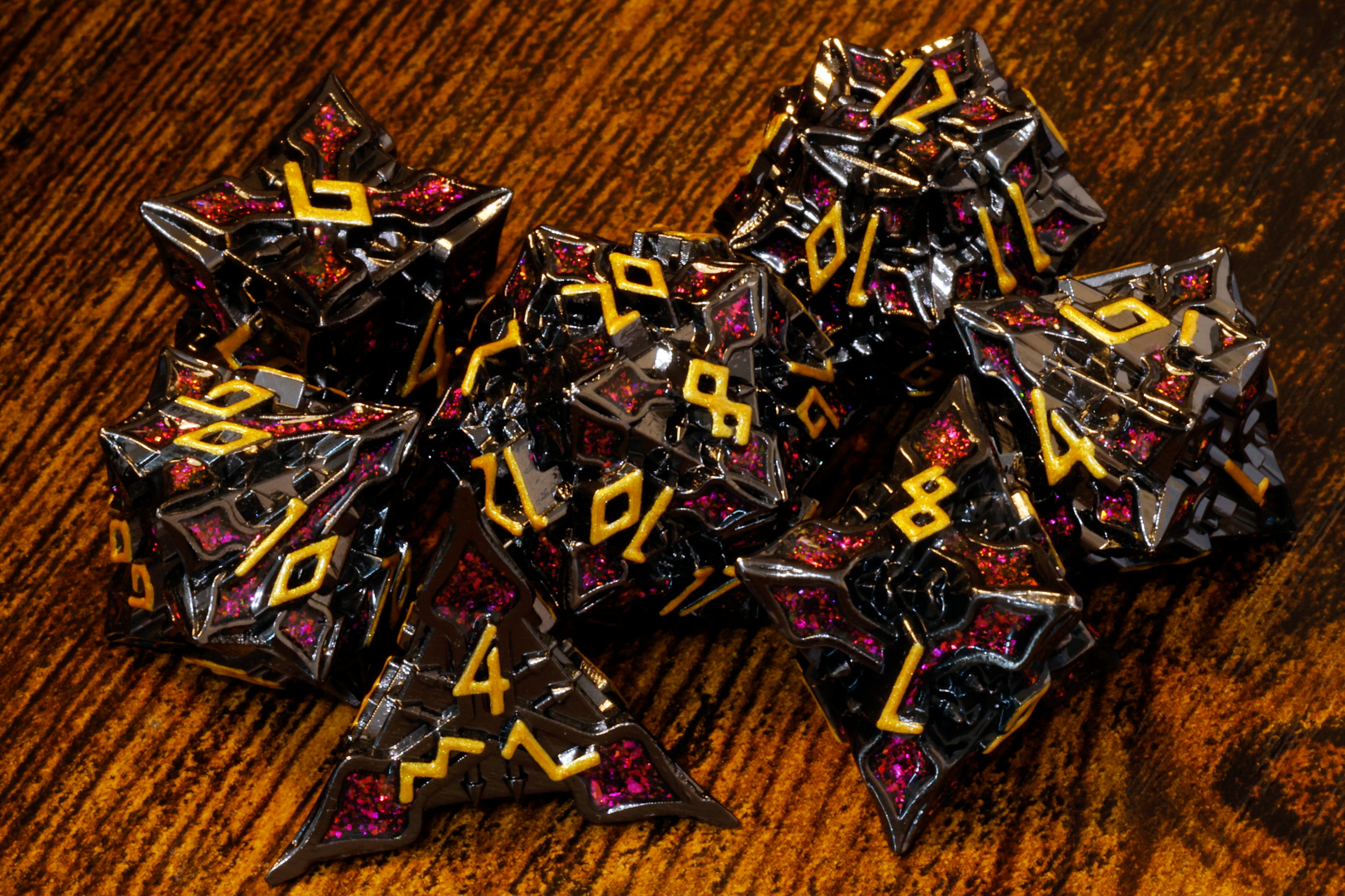 Runecraft dice set - Red mica and gold font - Black Metal