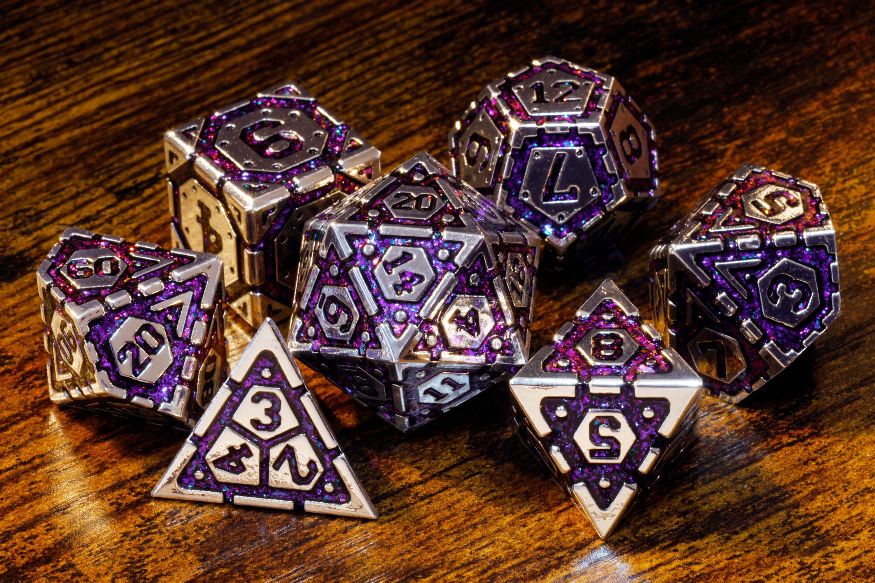 Stellar Relic Vault dice set with purple and antique silver metal