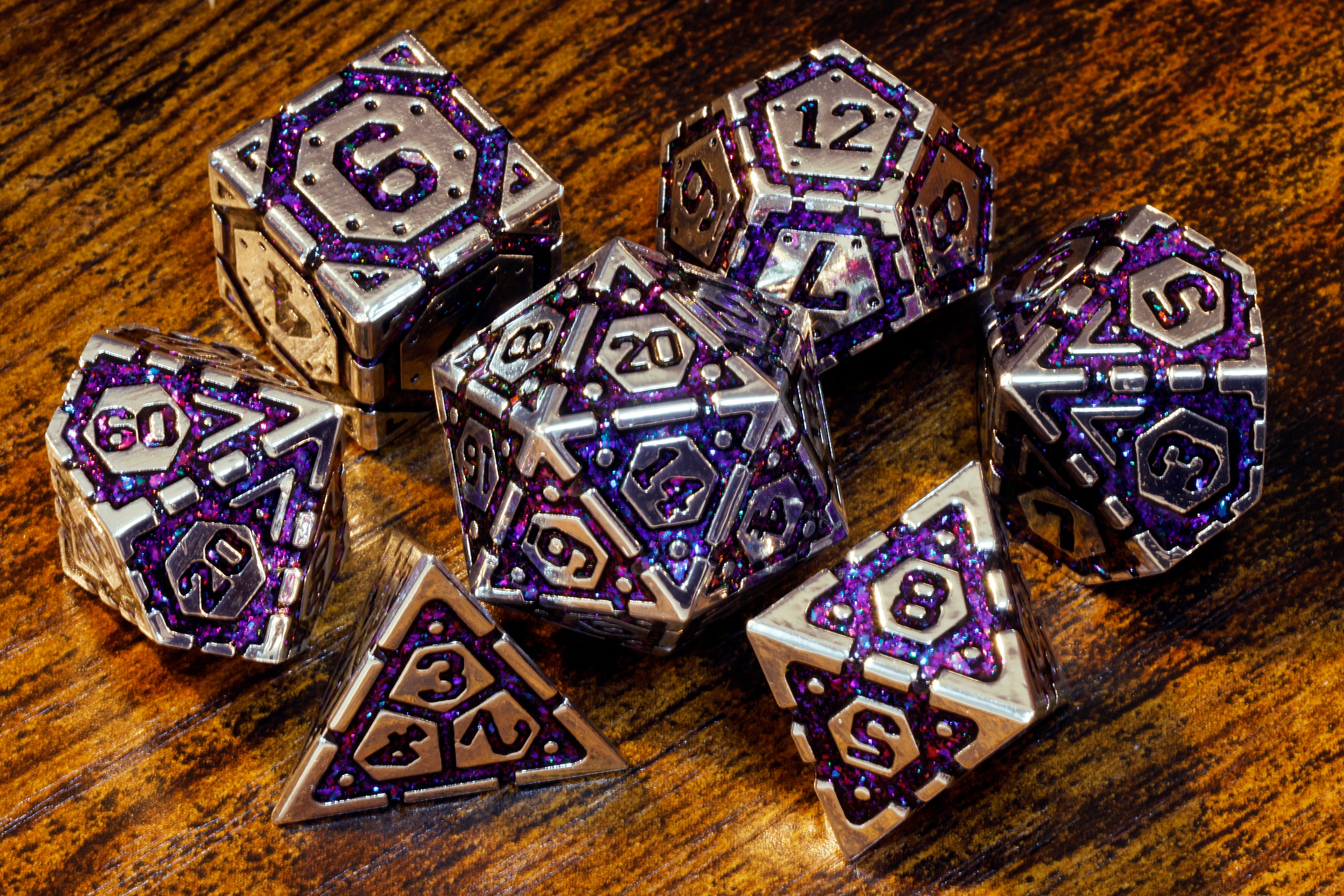 Stellar Relic Vault dice set with purple and antique silver metal