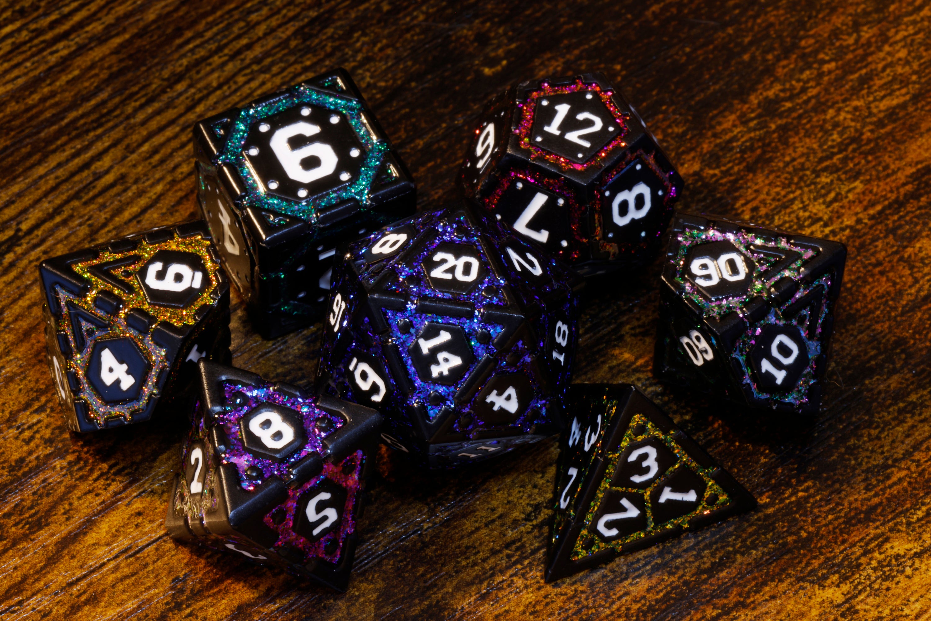 Polychrome Vault Dice Set, Black metal with multicolor mica