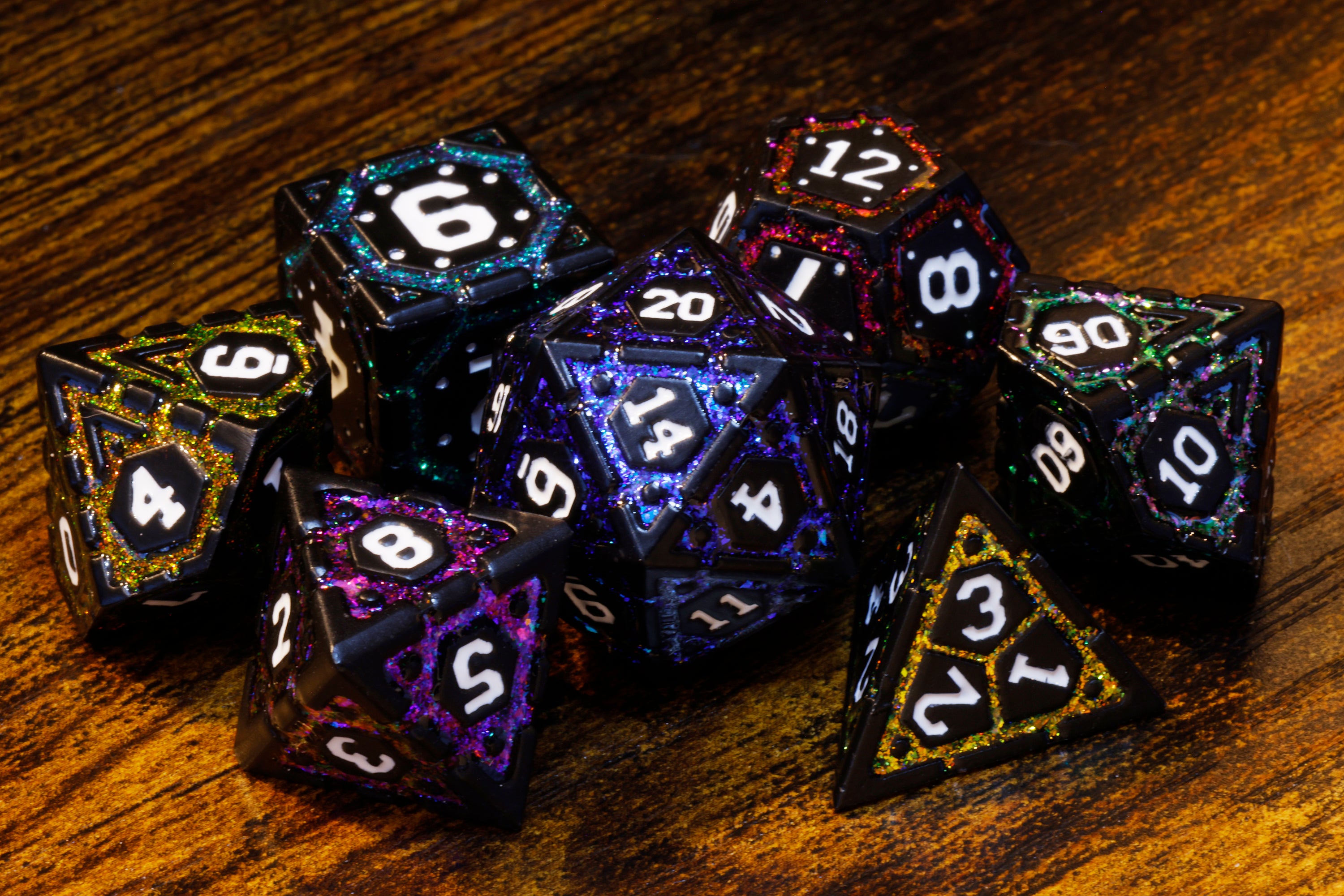 Polychrome Vault Dice Set, Black metal with multicolor mica