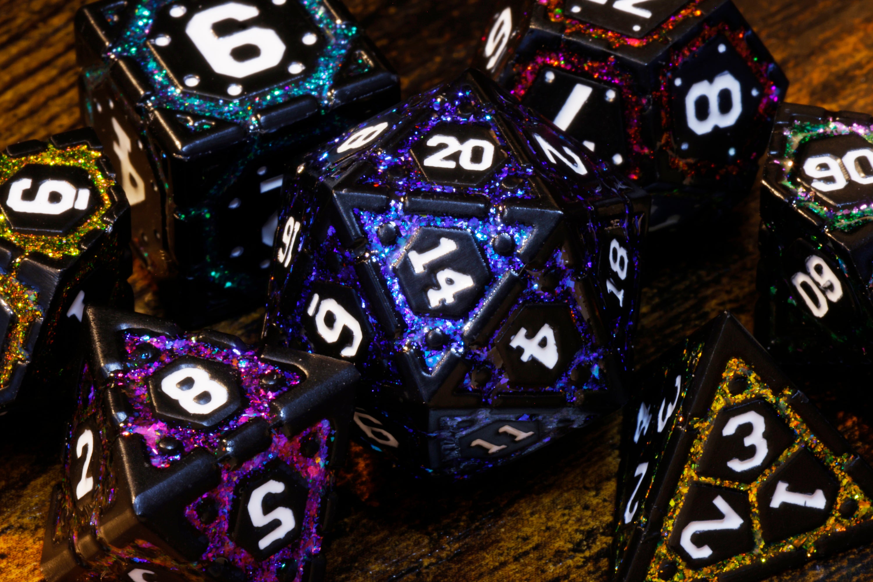 Polychrome Vault Dice Set, Black metal with multicolor mica