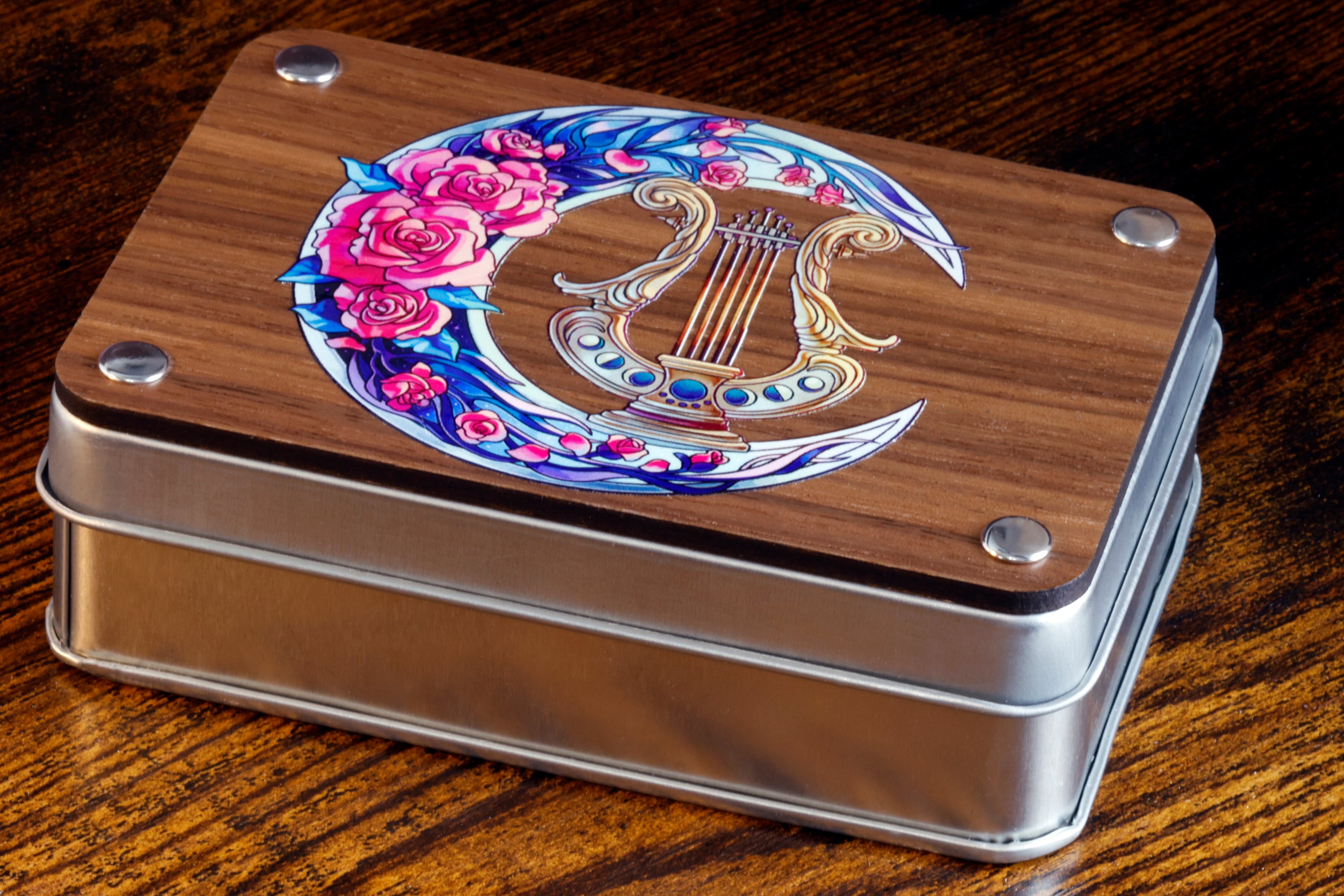 a wooden box with a decorative design on it