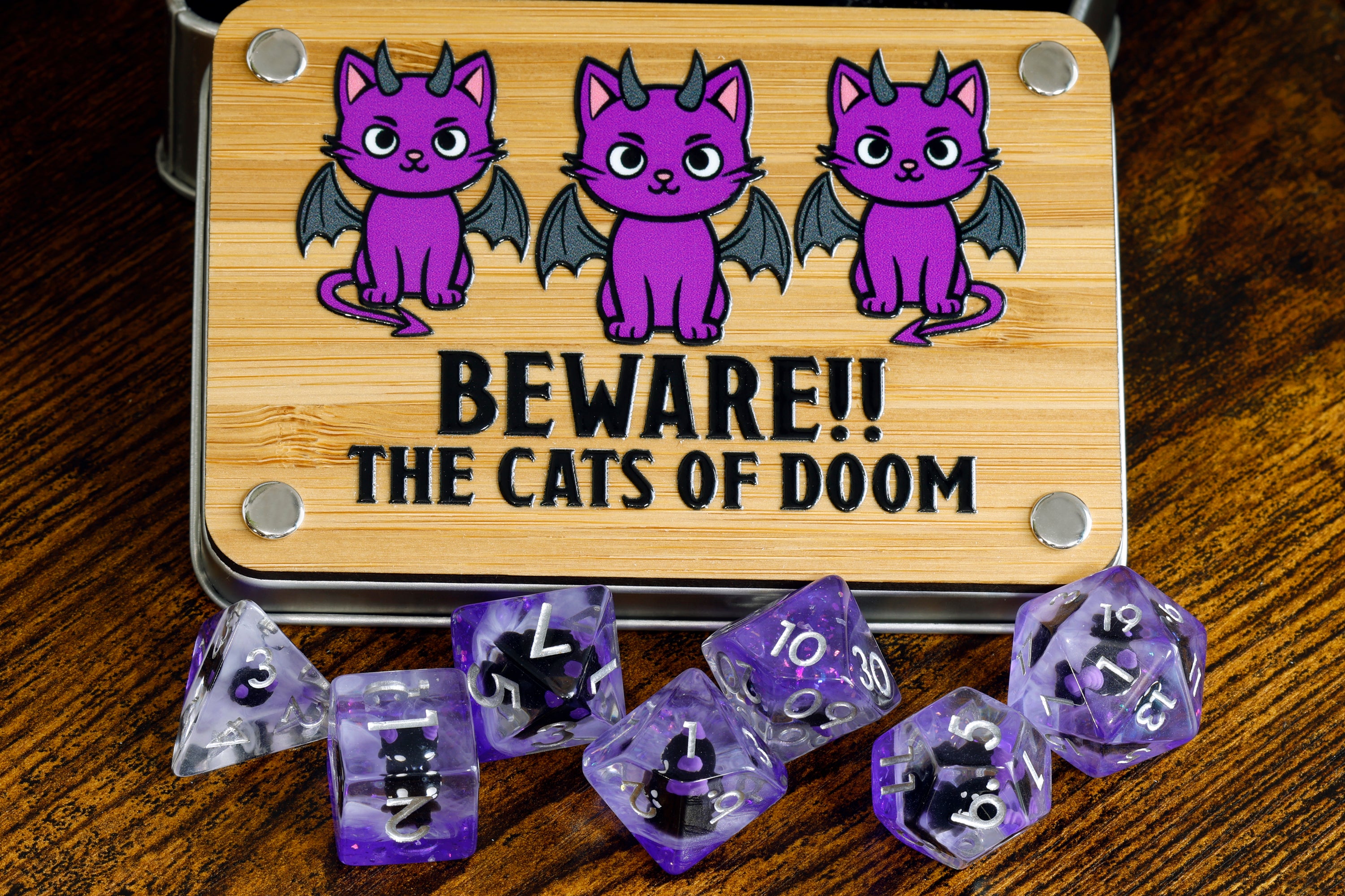 a wooden box with purple dices and a wooden sign that says beware the