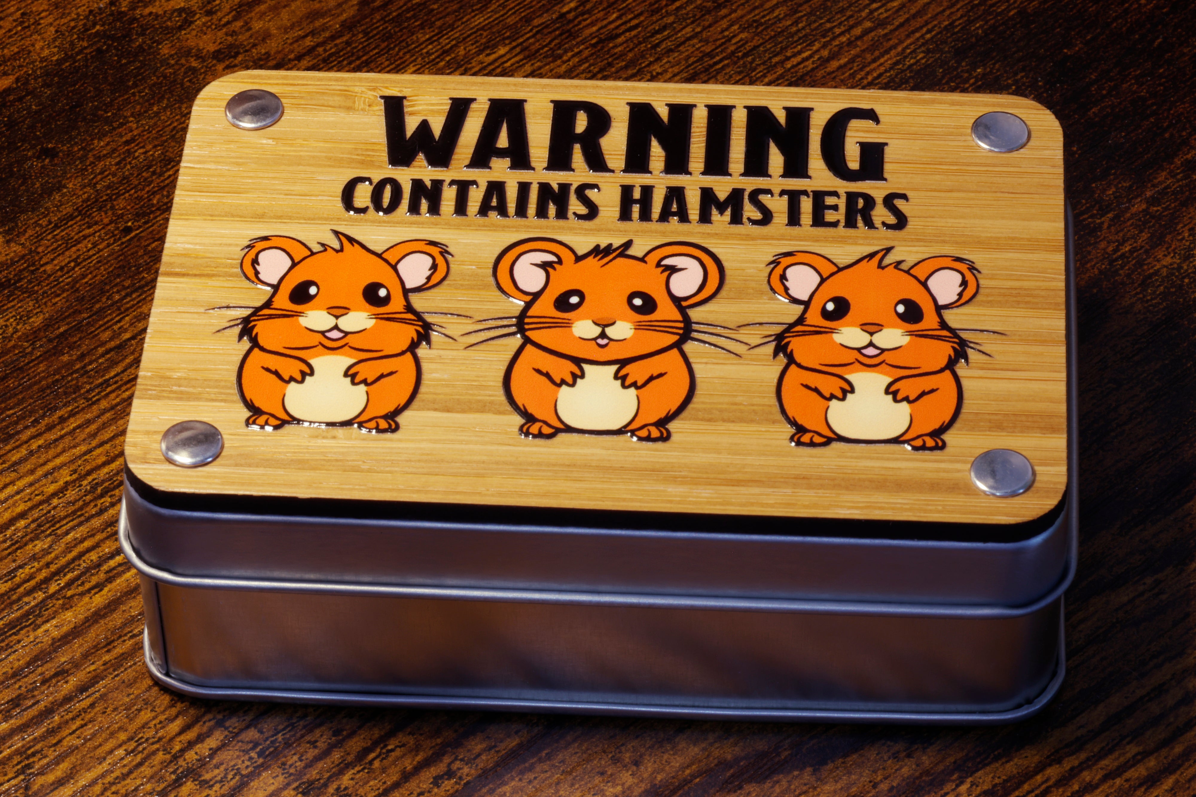 a wooden box with a picture of three hamsters on it