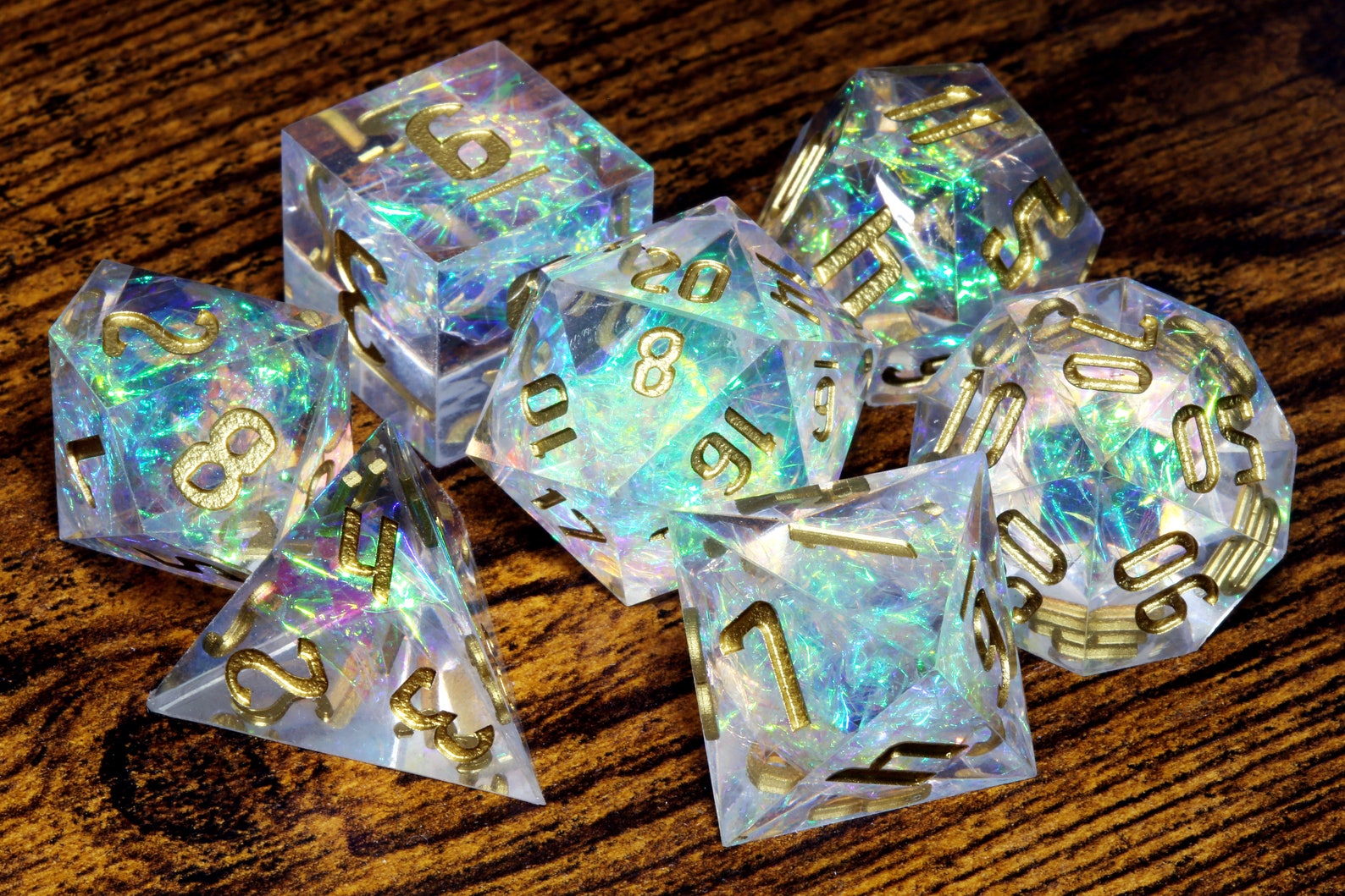 Sacred Opal dice set - Clear sharp edge dice set with holographic foil ...