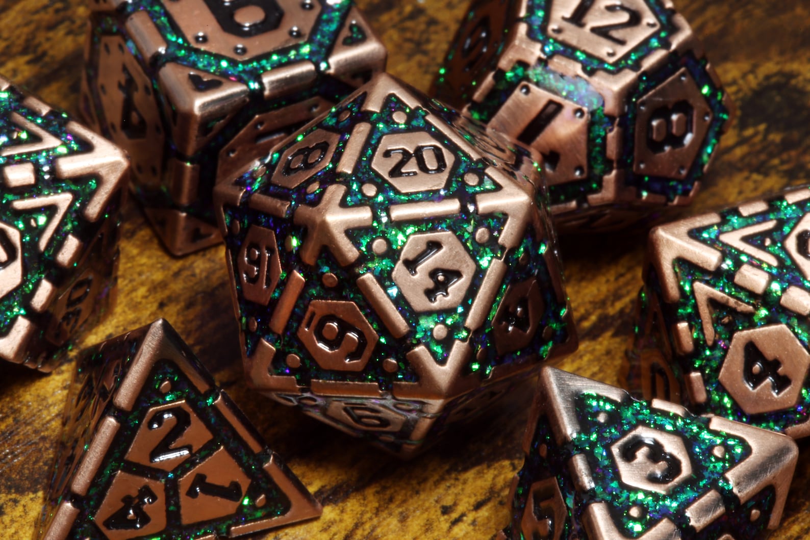 DND Dice | Metal dice set with green mica and an antique copper