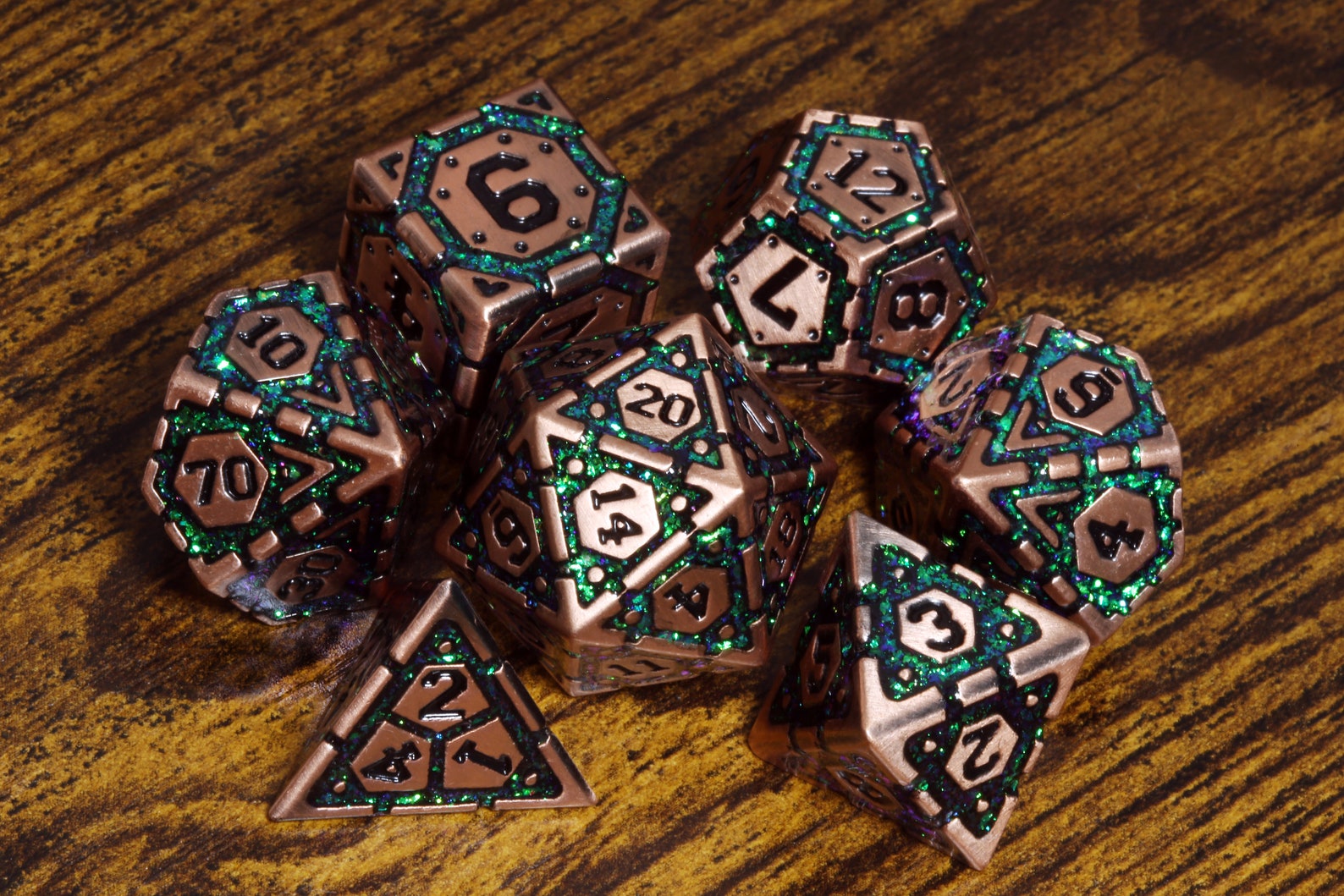 DND Dice | Metal dice set with green mica and an antique copper