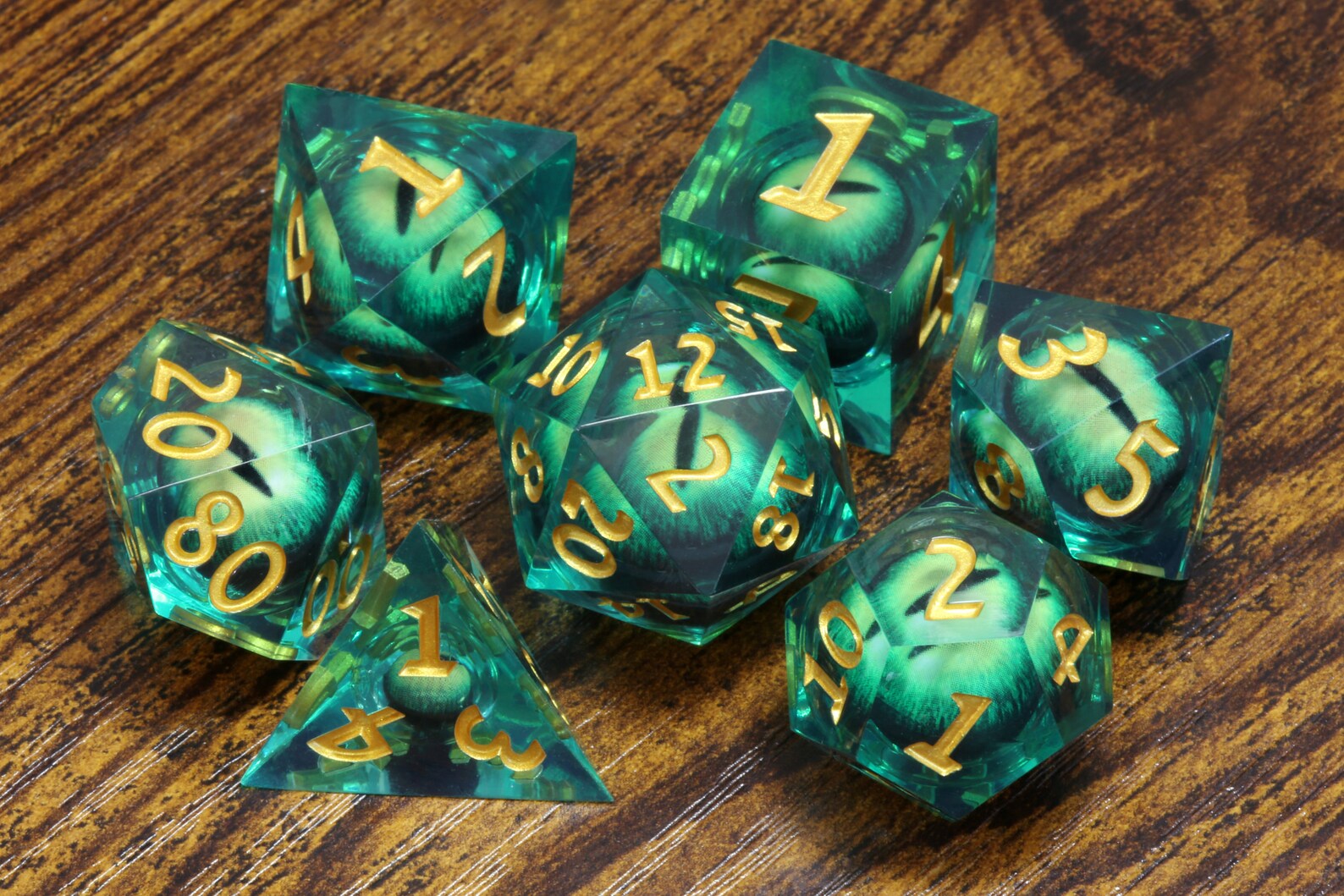 Basilisk Gaze dice set - Liquid Core sharp edge dice with green moving ...